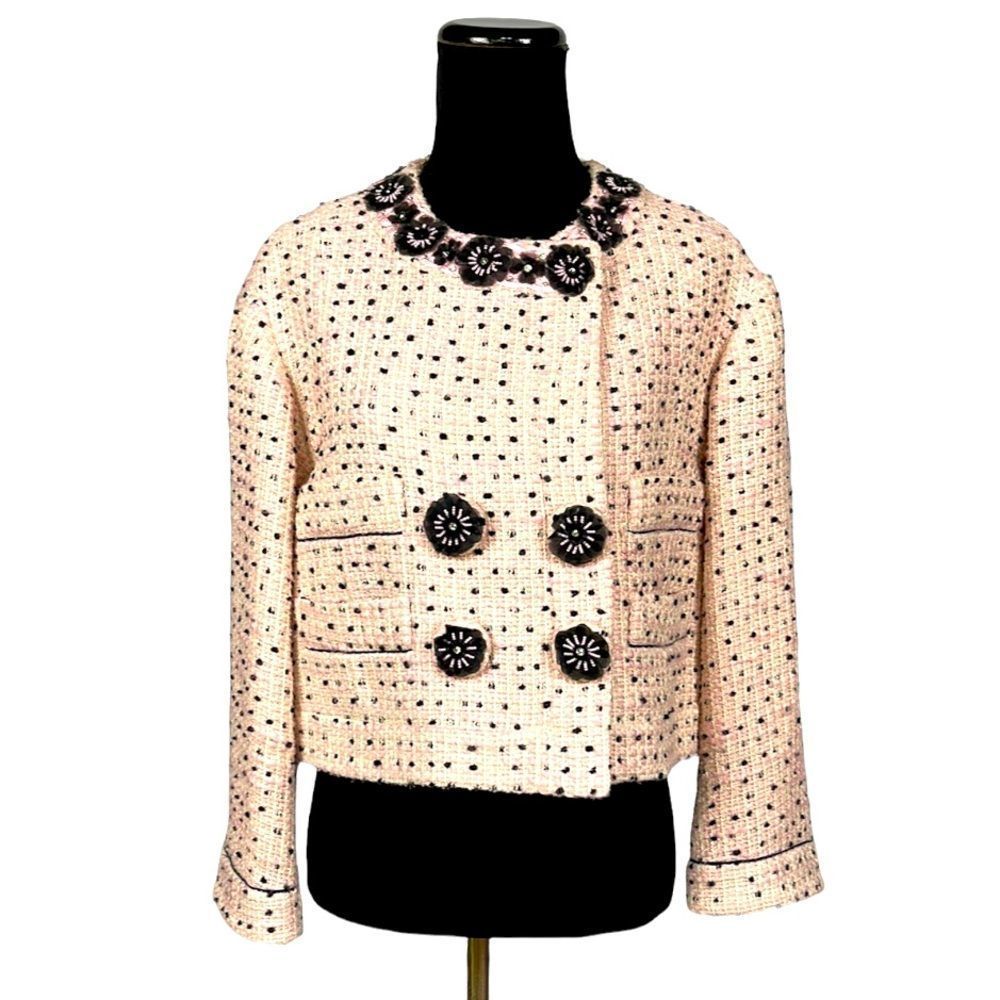 Moschino Light Pink Textured Tweed Cropped Jacket Suit Blazer with Bling…